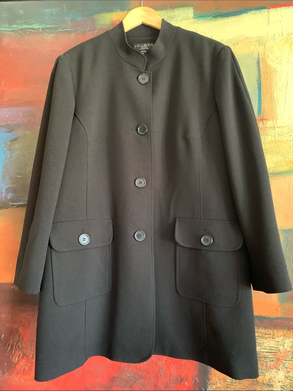 Vintage Louben for Laura Black Longline Blazer with Mandarin Collar, Sz 16
